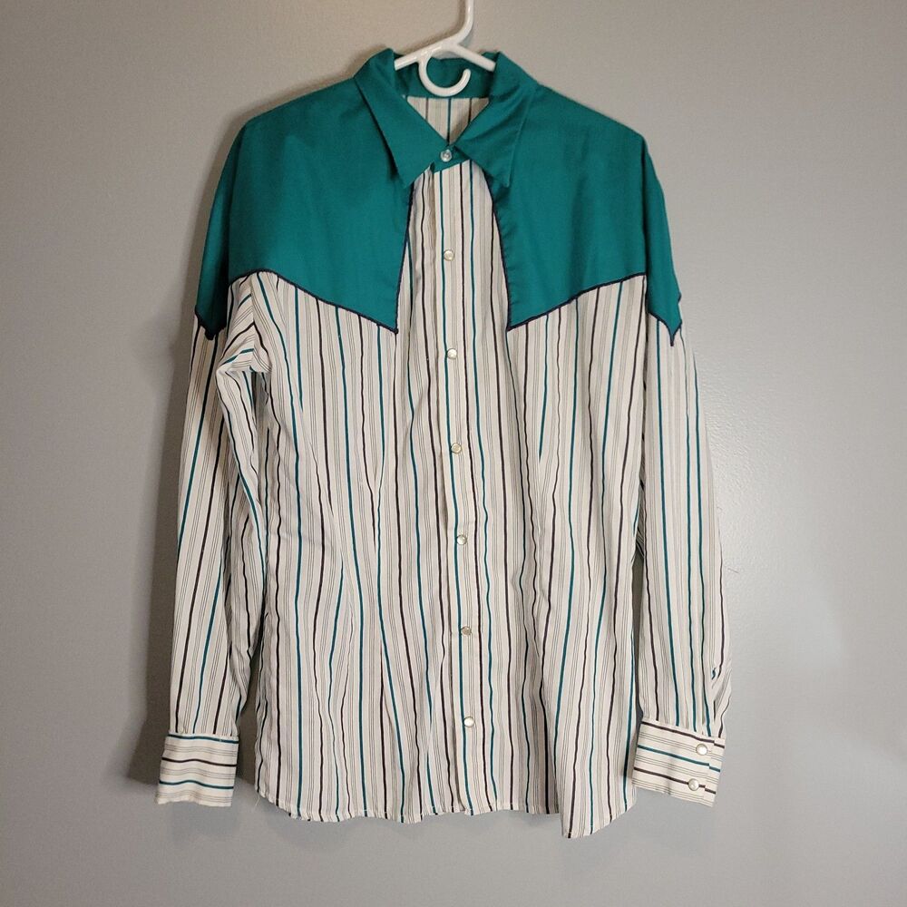 Vintage Striped Western Shirt 80s/90s Teal Rodeo Cowboy Long Sleeve Shirt Large